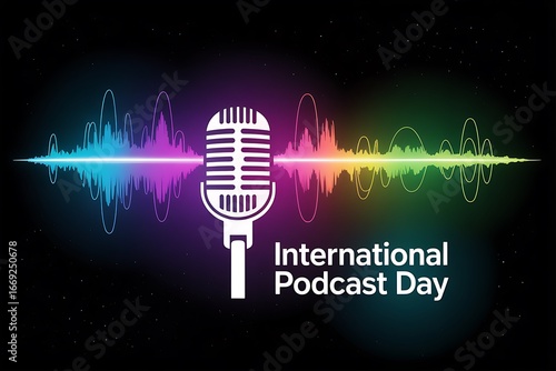 Celebrate International Podcast Day with vibrant audio waves, perfect for promoting your show or sharing podcasting excitement and engaging with your audience