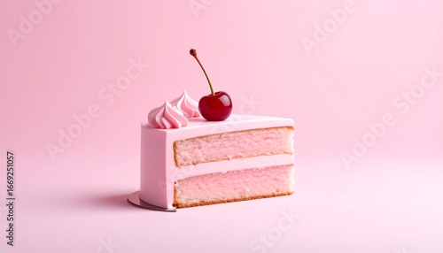 Pink cake slice with cherry, and pink background.