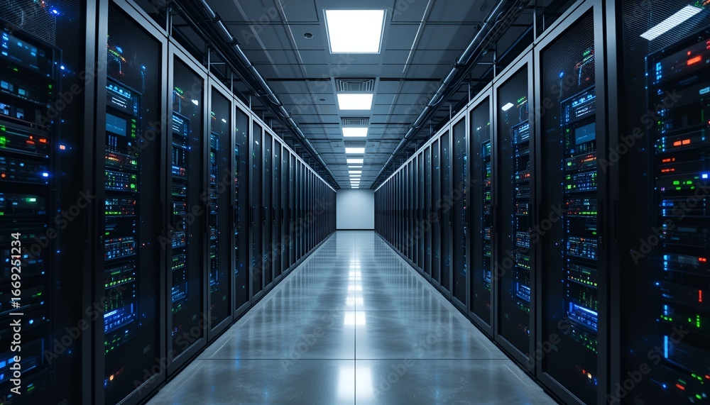 Fototapeta premium Illuminated data center hallway displaying rows of servers creating a sense of technological power