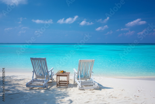 Relax on tropical beach with two lounge chairs facing turquoise ocean  inviting you to unwind and enjoy serene atmosphere