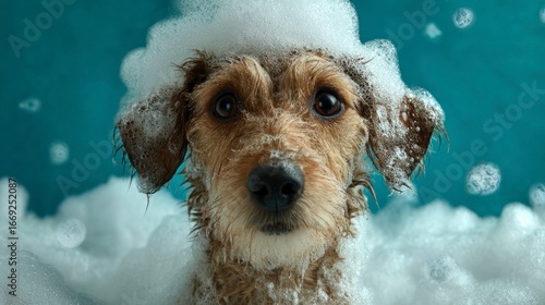 Dog bathed in bubbles