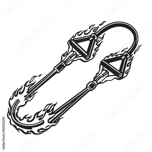 Artistic illustration of a fiery double pulling rope with geometric triangle handles