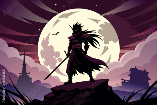 Minimalist black and white vector illustration of an anime boy silhouette with messy hair and sharp features. Perfect for manga