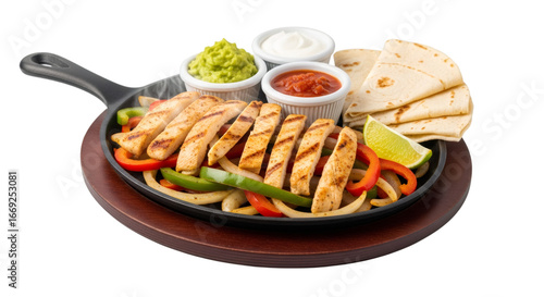 Chicken fajita in a hot pan with tortillas and sauces on transparent background. Mexican cuisine concept for menu and recipe.