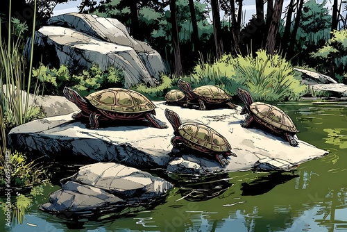 Multiple Turtles Basking on Rocks by Green Pond Edge with Forest in the Background - Nature Illustration