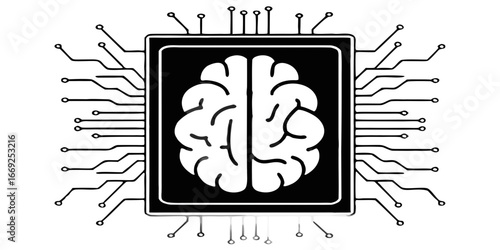 Illustration of a brain inside a computer chip with connections representing artificial intelligence concept