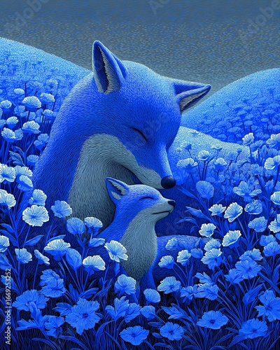 Peaceful Blue Fox Mother and Cub Nuzzling in a Stylized Flower Field