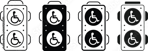Flat vector illustration, accessibility traffic light icons, wheelchair symbol, inclusive pedestrian signal, mobility aid, disability support, public facility, inclusive design, assistive technology