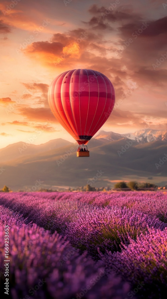 Fototapeta premium Hot air balloon soaring over vibrant lavender fields at sunset