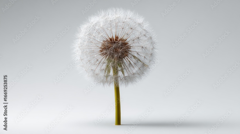 Fototapeta premium Seed head of a mature dandelion, center focus, on soft gray background