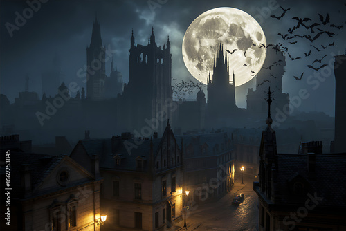 Wallpaper Mural Spooky Victorian city skyline under a giant full moon with bats flying ominously overhead Torontodigital.ca