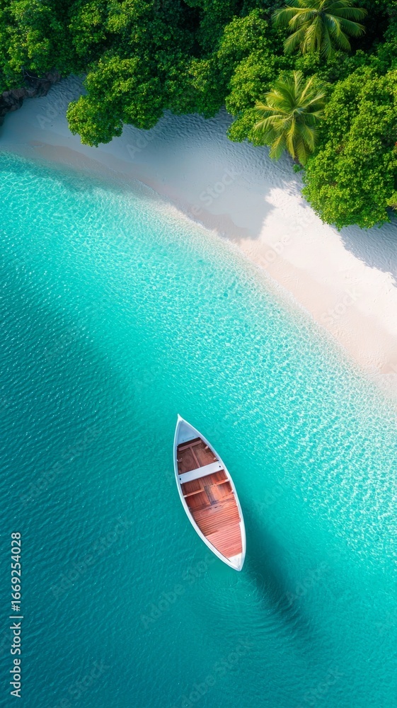Obraz premium Serene tropical beach with a lone boat on turquoise waters