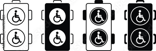 Flat vector illustration, accessibility traffic light icons, wheelchair symbol, inclusive pedestrian signal, mobility aid, disability support, public facility signage, assistive technology, 