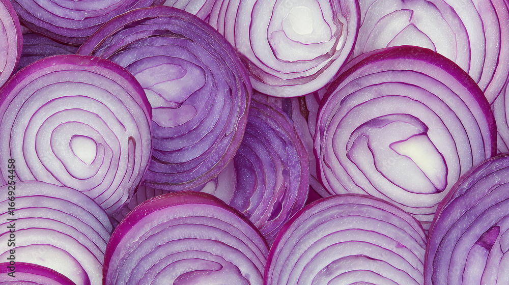 Obraz premium Close-Up of Fresh Purple Onion Slices Arranged in Overlapping Pattern