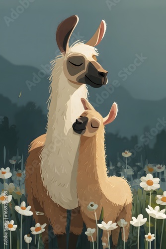 Llama Mother and Baby Embracing in a Serene Field of White Daisies