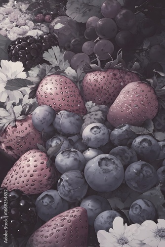 Stylized Still Life Composition of Fresh Strawberries, Blueberries, Blackberries, and Grapes with Floral Accents
