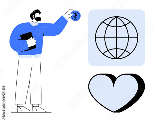 Man holding a notebook places a coin to symbolize global charity, social responsibility, and compassion. Ideal for philanthropy, sustainability, donation, humanity, kindness, advocacy corporate