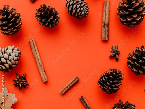 Autumnal Still Life Flatlay, Pine Cones, Cinnamon, Star Anise