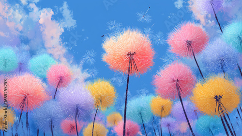 Vivid Multicolored Dandelions Against a Bright Blue Sky with Gentle Clouds