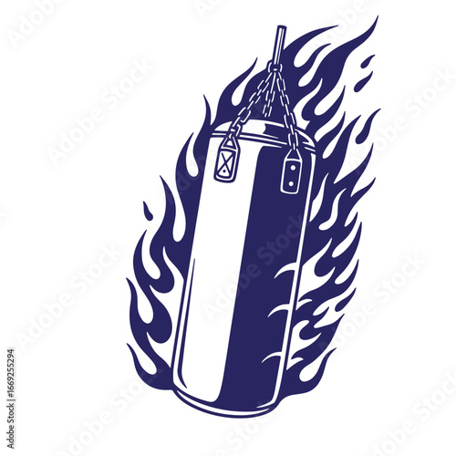 Bold graphic illustration of a fiery boxing punching bag ready for intense training