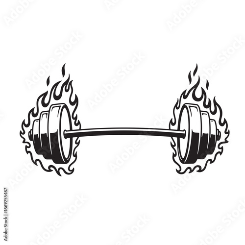 Burning barbell vector illustration depicting strength power and intense fitness training