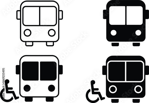 Flat vector illustration, bus icons, public transport, wheelchair accessibility, mobility aid, disability support, inclusive design, transportation signage, travel symbol, urban transit