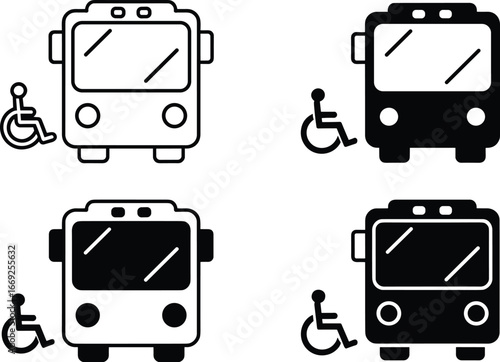 Flat vector illustration, wheelchair accessible bus icons, public transport symbol, mobility aid, disability support, inclusive design, transportation signage, assistive technology, universal access