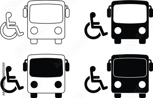 Flat vector illustration, wheelchair accessible bus icons, public transport symbol, mobility aid, disability support, inclusive design, transportation signage, assistive technology, 