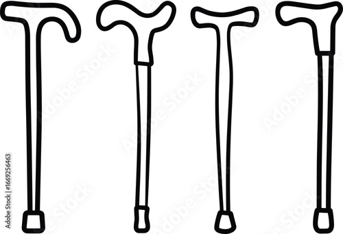 Flat vector illustration, walking cane icons, mobility aid, ergonomic handle, crook handle, walking stick, medical support, accessibility equipment, rehabilitation device, assistive technology