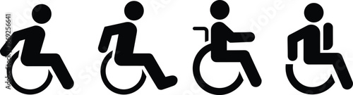 Flat vector illustration, wheelchair accessibility icons, mobility aid, active lifestyle, inclusive design, disability support, assistive technology, accessibility symbol, public facility signage