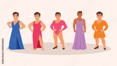 Men in drag wearing vibrant dresses confident stylish runway poses
