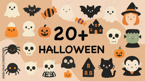 Fun halloween icon set pumpkin ghost bat skull witch