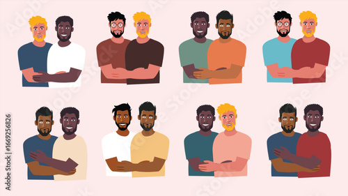 Diverse group of men standing portraits friendly casual illustration