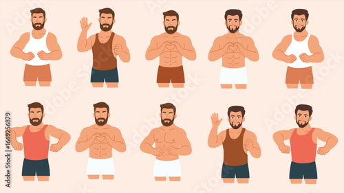 Strong men torso poses fitness bodybuilding masculine illustration