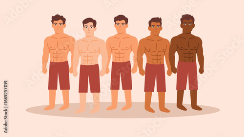 Strong shirtless men group standing confident fitness character illustration