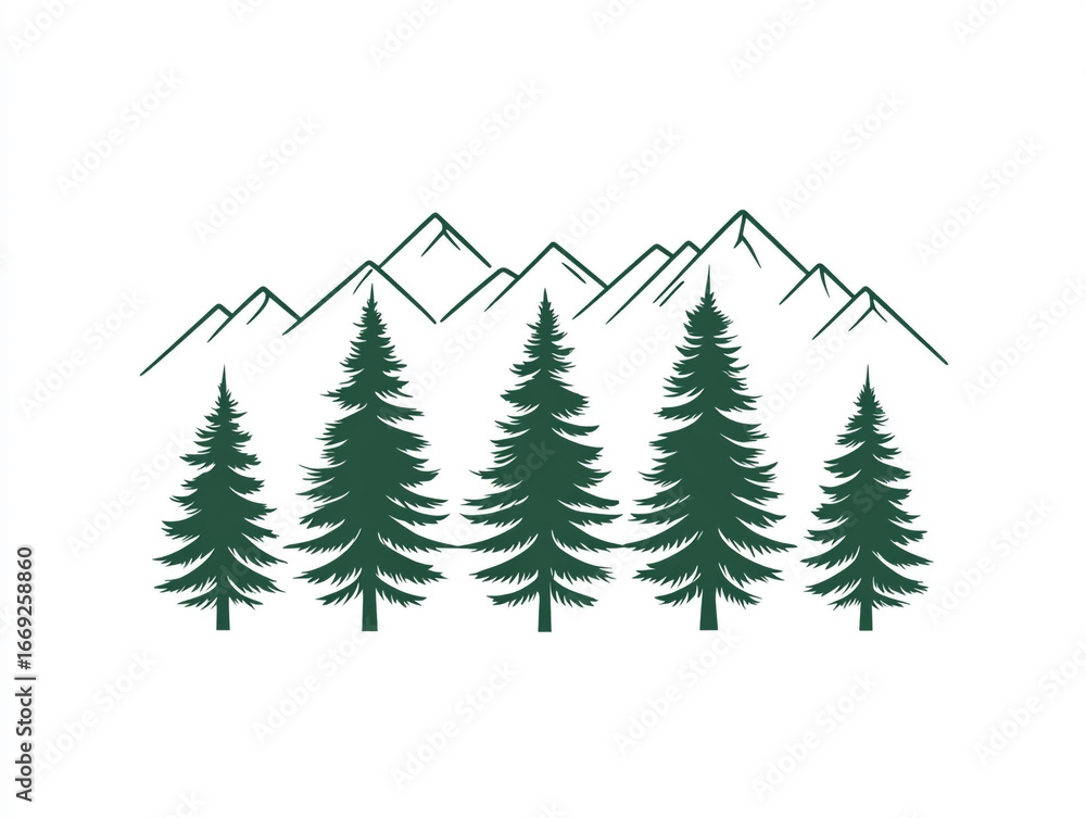 Obraz premium A line art illustration features a row of stylized pine trees in front of a series of tall, jagged mountains. The design is clean and minimalist against a white background.