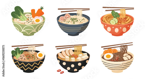 Set of various ramen recipes in bowls. Hot noodles with various toppings. Popular traditional Asian food. Hand-drawn vector illustration. Flat design.