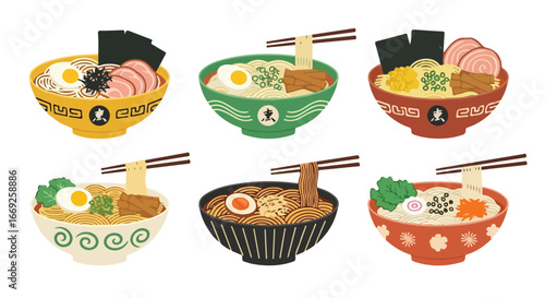 Set of various ramen recipes in bowls. Hot noodles with various toppings. Popular traditional Asian food. Hand-drawn vector illustration. Flat design.