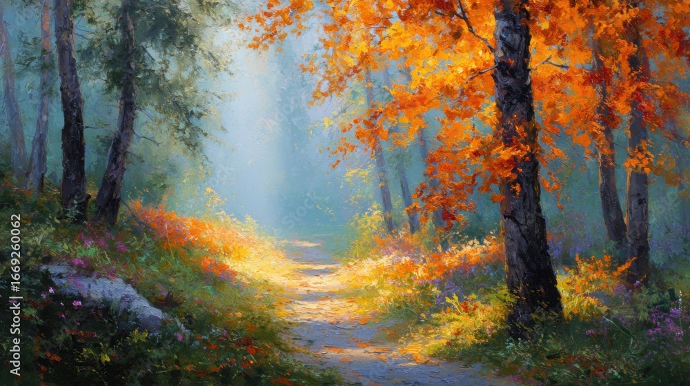 Obraz premium Serene Autumn Forest Path with Lush Foliage and Soft Light