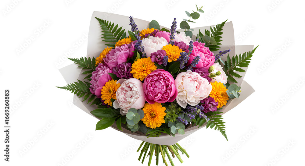 Obraz premium Bright bouquet of fresh pink peonies, marigolds, and purple flowers with green leaves, perfect for spring gifts or celebrations