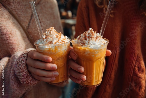 Two women holding pumpkin spice lattes with whipped cream in warm sweaters