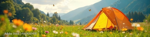 A brightly colored tent pitched in a sun-drenched meadow, surrounded by wildflowers and butterflies, evokes a feeling of carefree joy and outdoor adventure , escape, landscape, carefree
