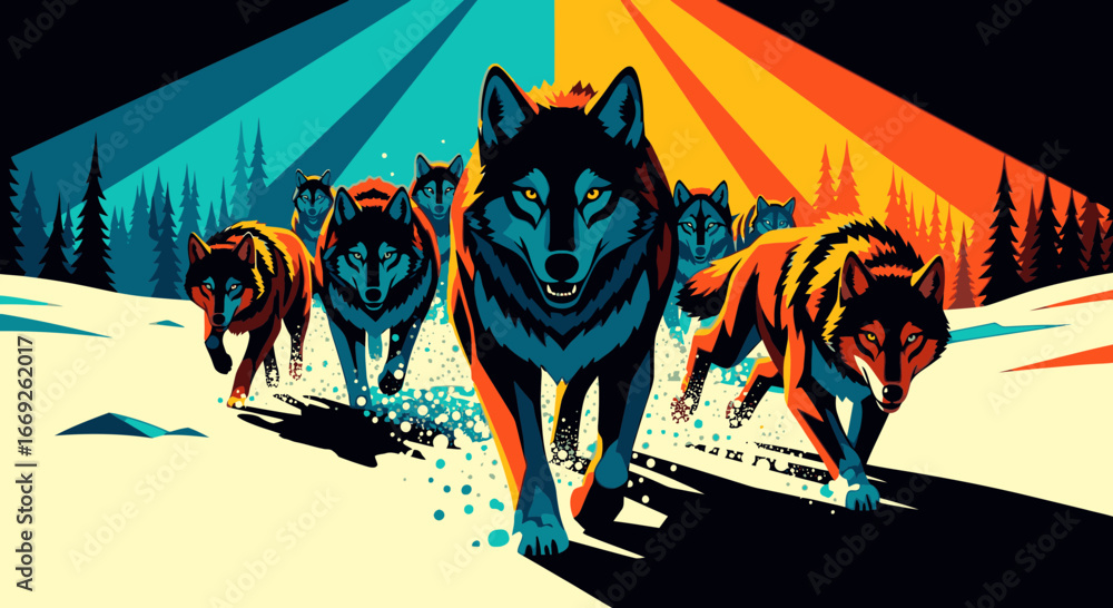 Fototapeta premium A stylized illustration of a wolf pack running through a snowy landscape under a dramatic, colorful sky.