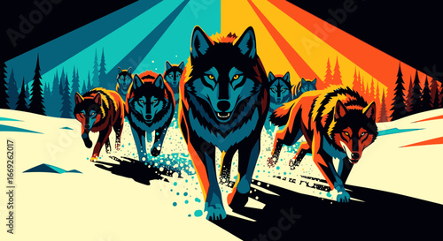A stylized illustration of a wolf pack running through a snowy landscape under a dramatic, colorful sky.