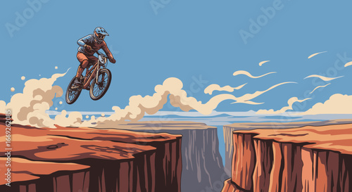 An illustration of a mountain biker in full gear making a daring jump across a wide canyon in a desert landscape.