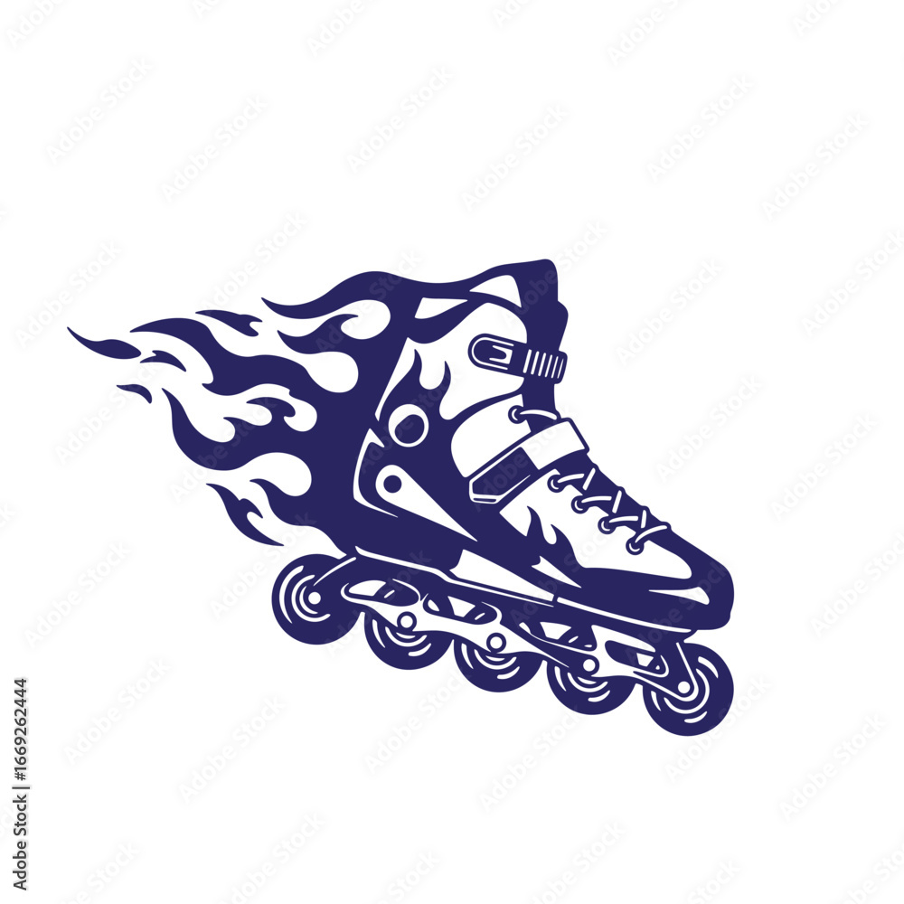 Fototapeta premium Dynamic inline roller skate graphic with speed flames on a clean white background