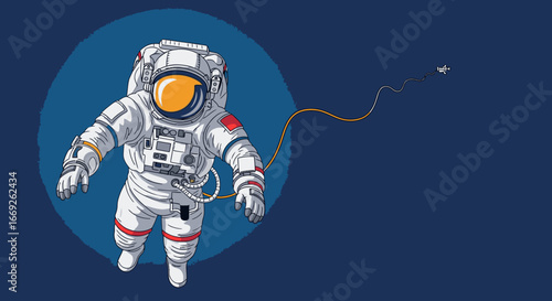 Vector illustration of an astronaut on a spacewalk, tethered to a distant paper airplane against a blue background.