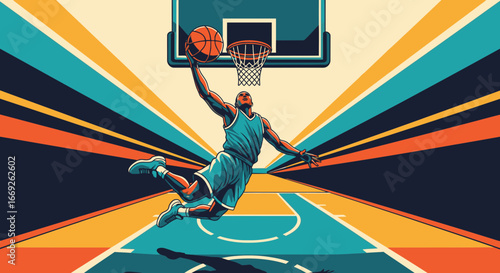 Dynamic illustration of a basketball player soaring through the air for a powerful slam dunk.