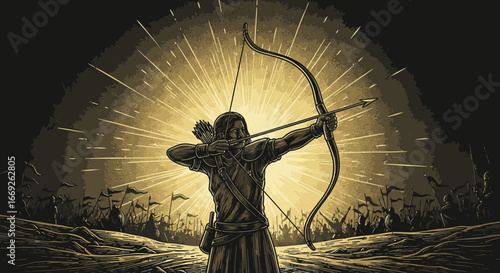An archer stands ready for battle, silhouetted against a radiant sunburst with an army in the background.