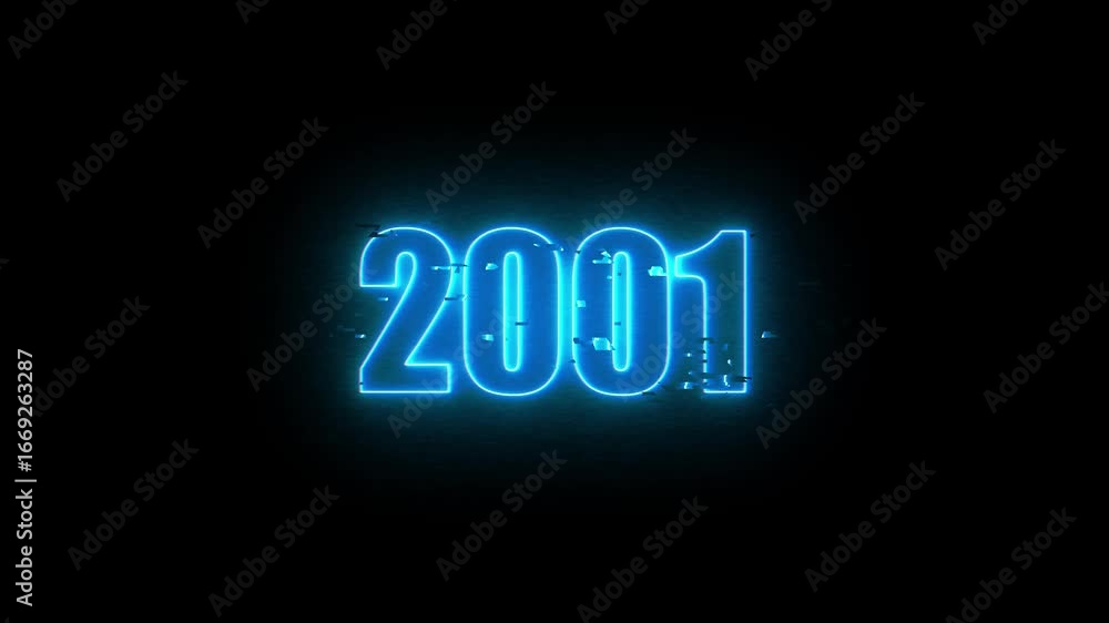2001Neon Sign, Vibrant Blue Glow Against Dark Jahreswechsel, Schrift mit Neonschein 4k video Background animation